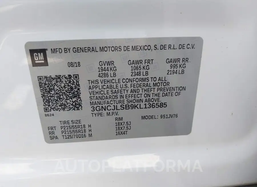 CHEVROLET TRAX 2019 vin 3GNCJLSB9KL136585 from auto auction Iaai