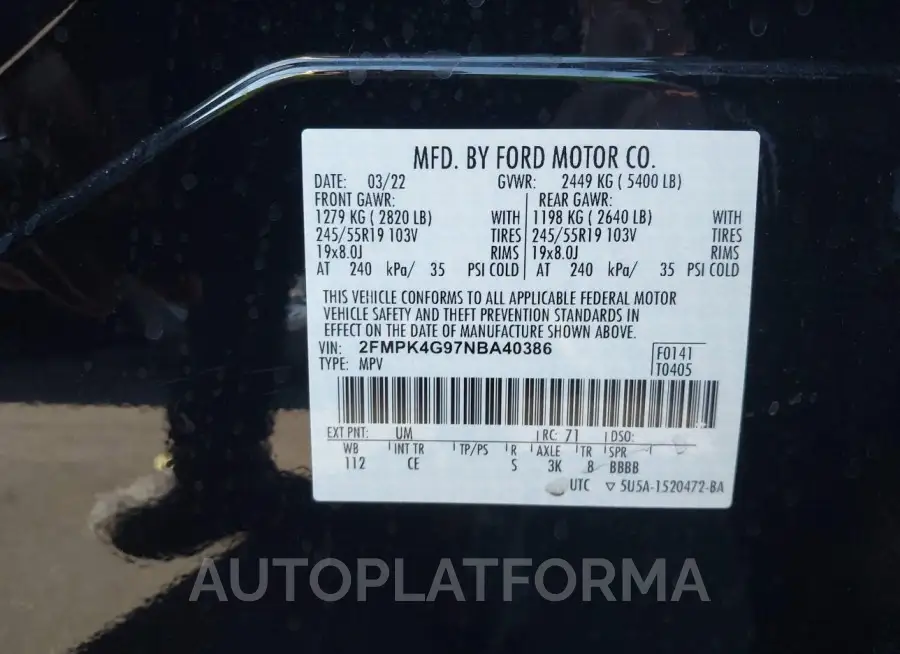 FORD EDGE 2022 vin 2FMPK4G97NBA40386 from auto auction Iaai