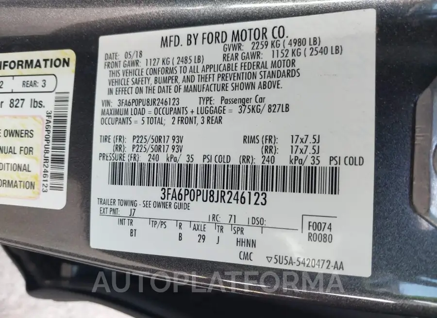 FORD FUSION ENERGI 2018 vin 3FA6P0PU8JR246123 from auto auction Iaai