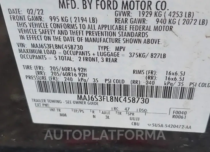 FORD ECOSPORT 2022 vin MAJ6S3FL8NC458730 from auto auction Iaai