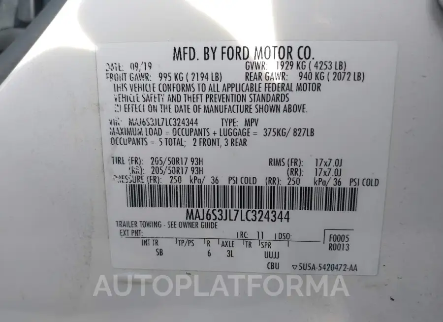 FORD ECOSPORT 2020 vin MAJ6S3JL7LC324344 from auto auction Iaai