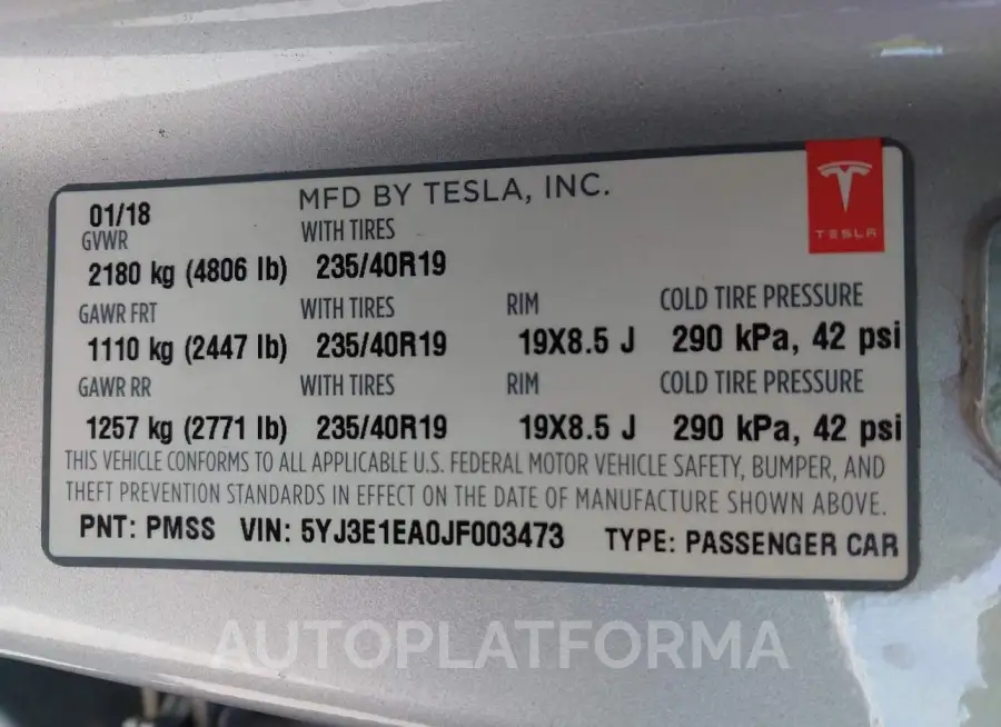 TESLA MODEL 3 2018 vin 5YJ3E1EA0JF003473 from auto auction Iaai