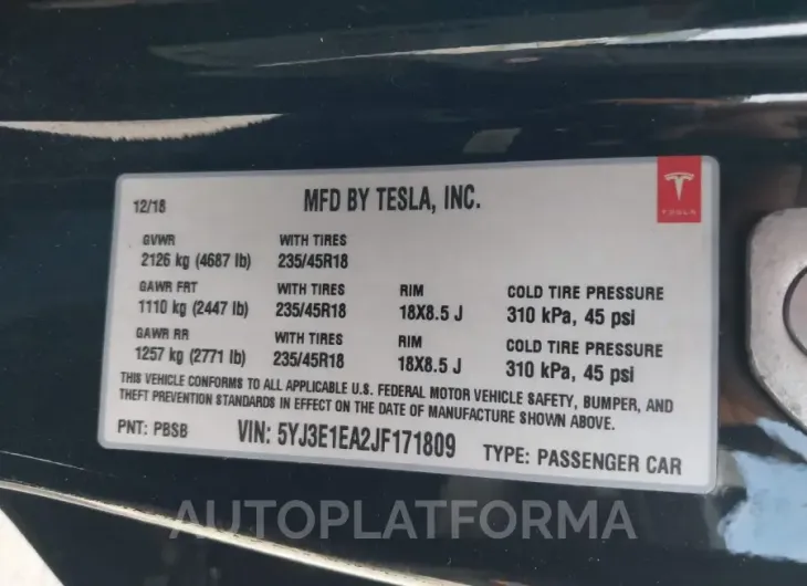 TESLA MODEL 3 2018 vin 5YJ3E1EA2JF171809 from auto auction Iaai