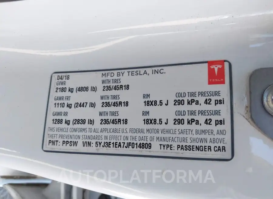 TESLA MODEL 3 2018 vin 5YJ3E1EA7JF014809 from auto auction Iaai