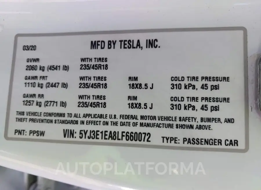 TESLA MODEL 3 2020 vin 5YJ3E1EA8LF660072 from auto auction Iaai