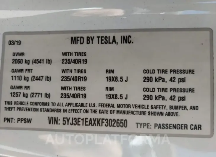 TESLA MODEL 3 2019 vin 5YJ3E1EAXKF302650 from auto auction Iaai