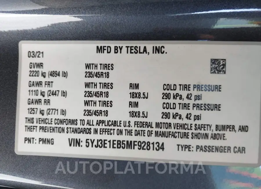 TESLA MODEL 3 2021 vin 5YJ3E1EB5MF928134 from auto auction Iaai