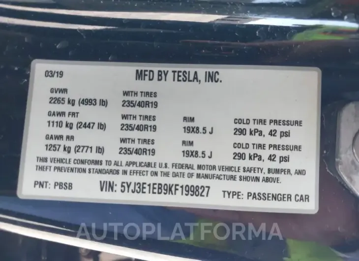 TESLA MODEL 3 2019 vin 5YJ3E1EB9KF199827 from auto auction Iaai