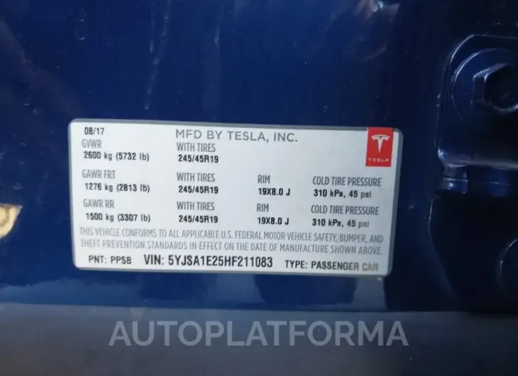 TESLA MODEL S 2017 vin 5YJSA1E25HF211083 from auto auction Iaai