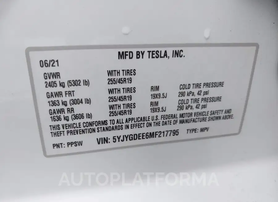 TESLA MODEL Y 2021 vin 5YJYGDEE6MF217795 from auto auction Iaai