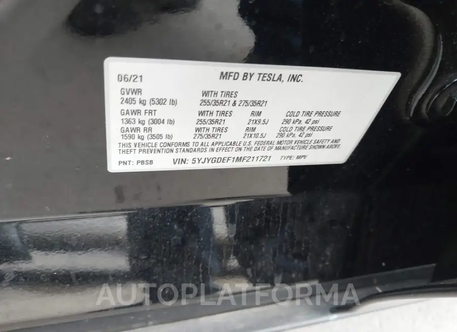 TESLA MODEL Y 2021 vin 5YJYGDEF1MF211721 from auto auction Iaai