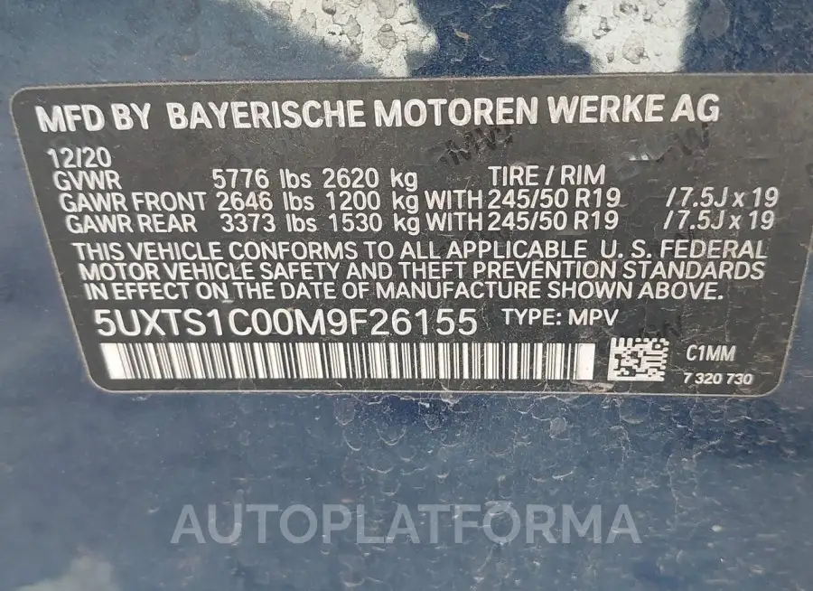 BMW X3 PHEV 2021 vin 5UXTS1C00M9F26155 from auto auction Iaai