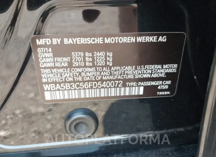 BMW 535I 2015 vin WBA5B3C56FD540072 from auto auction Iaai