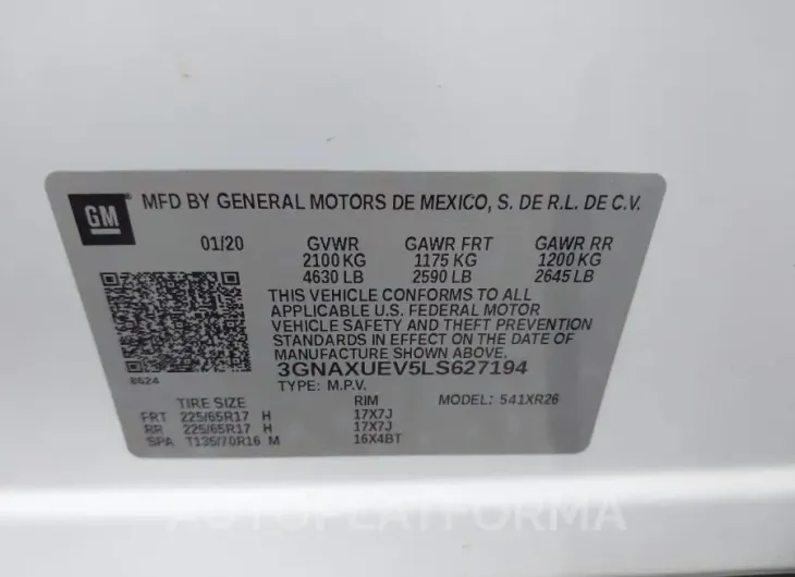 CHEVROLET EQUINOX 2020 vin 3GNAXUEV5LS627194 from auto auction Iaai