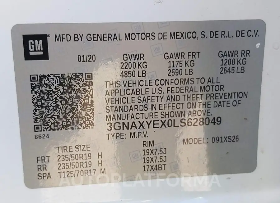 CHEVROLET EQUINOX 2020 vin 3GNAXYEX0LS628049 from auto auction Iaai