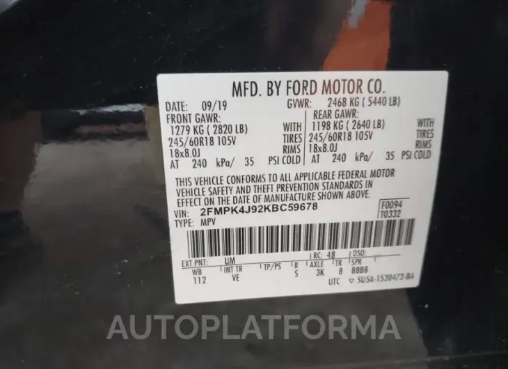 FORD EDGE 2019 vin 2FMPK4J92KBC59678 from auto auction Iaai