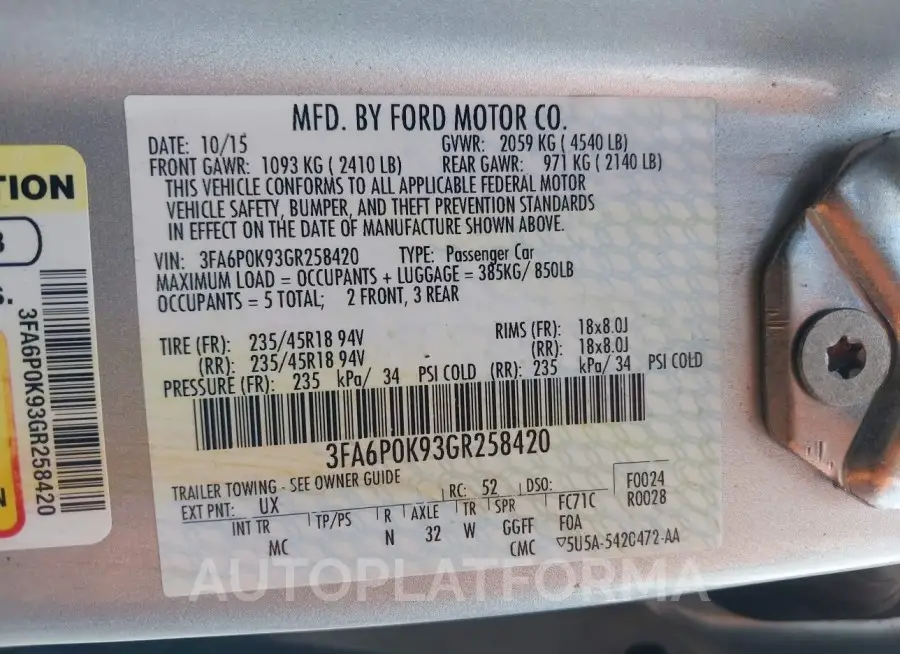 FORD FUSION 2016 vin 3FA6P0K93GR258420 from auto auction Iaai