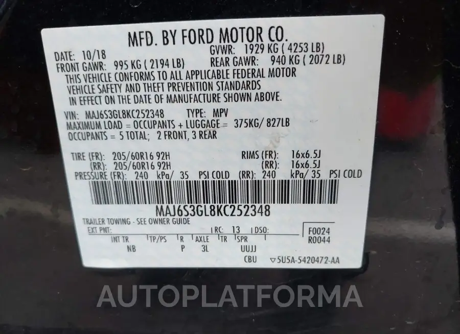 FORD ECOSPORT 2019 vin MAJ6S3GL8KC252348 from auto auction Iaai