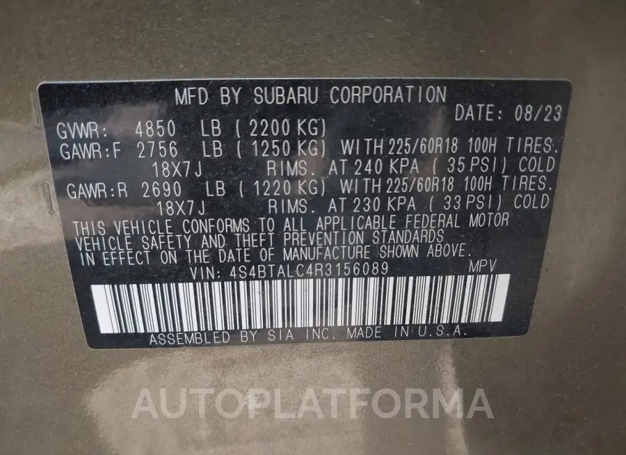 SUBARU OUTBACK 2024 vin 4S4BTALC4R3156089 from auto auction Iaai