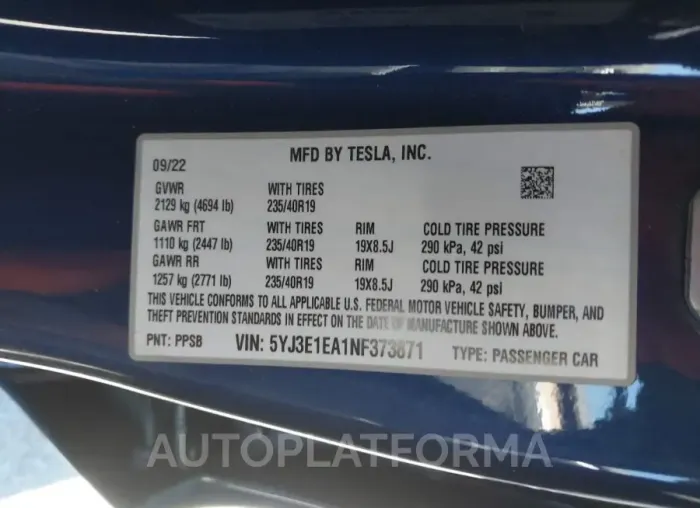 TESLA MODEL 3 2022 vin 5YJ3E1EA1NF373871 from auto auction Iaai