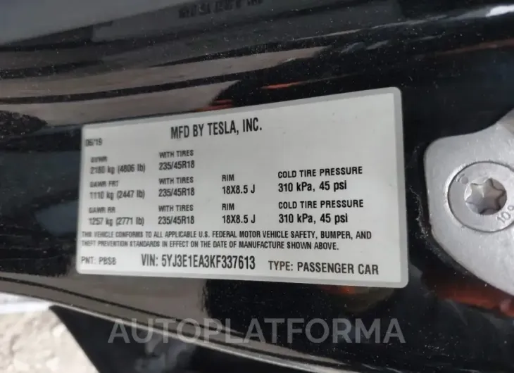 TESLA MODEL 3 2019 vin 5YJ3E1EA3KF337613 from auto auction Iaai