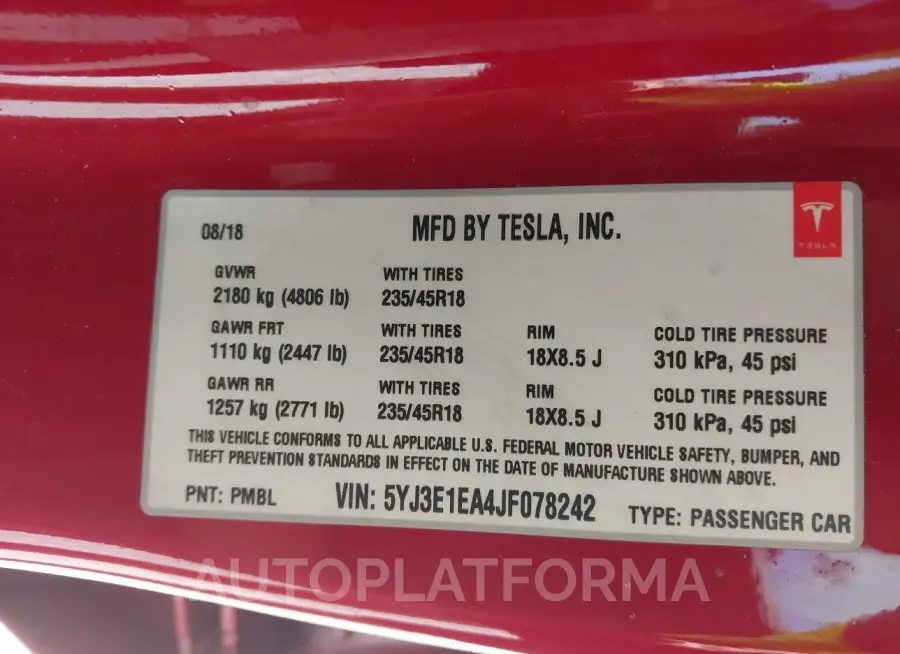 TESLA MODEL 3 2018 vin 5YJ3E1EA4JF078242 from auto auction Iaai