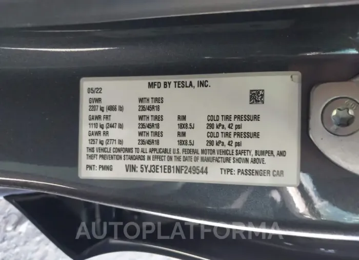 TESLA MODEL 3 2022 vin 5YJ3E1EB1NF249544 from auto auction Iaai