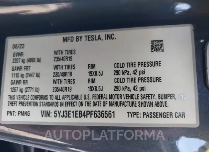 TESLA MODEL 3 2023 vin 5YJ3E1EB4PF636561 from auto auction Iaai