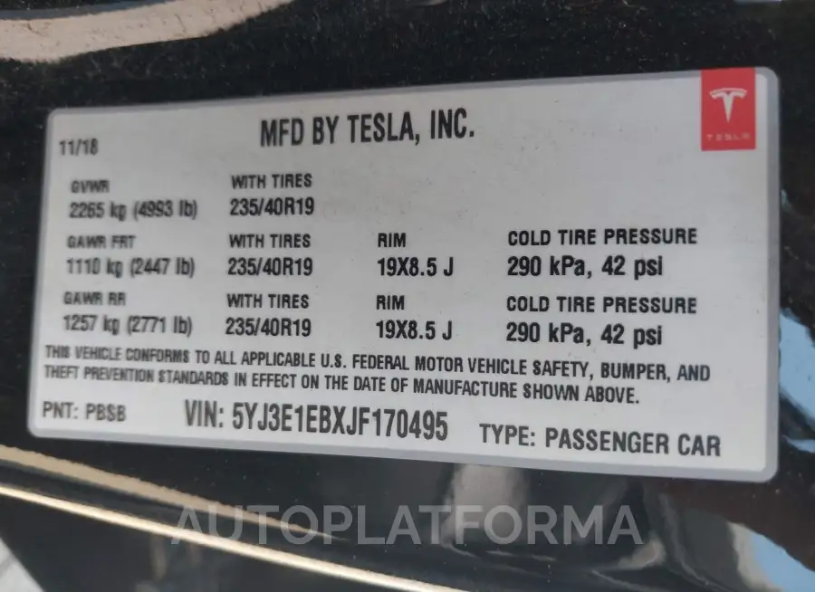 TESLA MODEL 3 2018 vin 5YJ3E1EBXJF170495 from auto auction Iaai