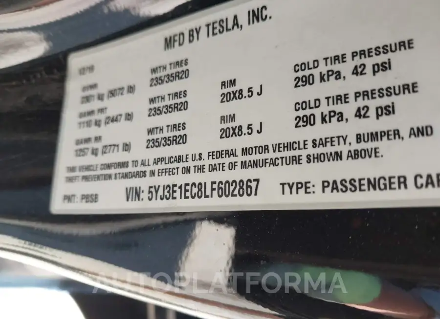 TESLA MODEL 3 2020 vin 5YJ3E1EC8LF602867 from auto auction Iaai