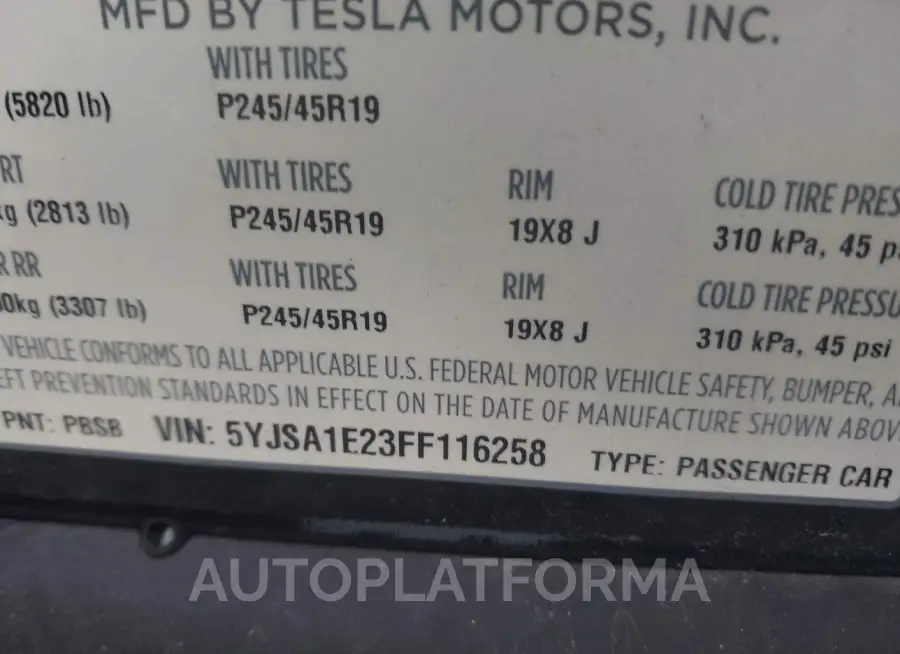 TESLA MODEL S 2015 vin 5YJSA1E23FF116258 from auto auction Iaai