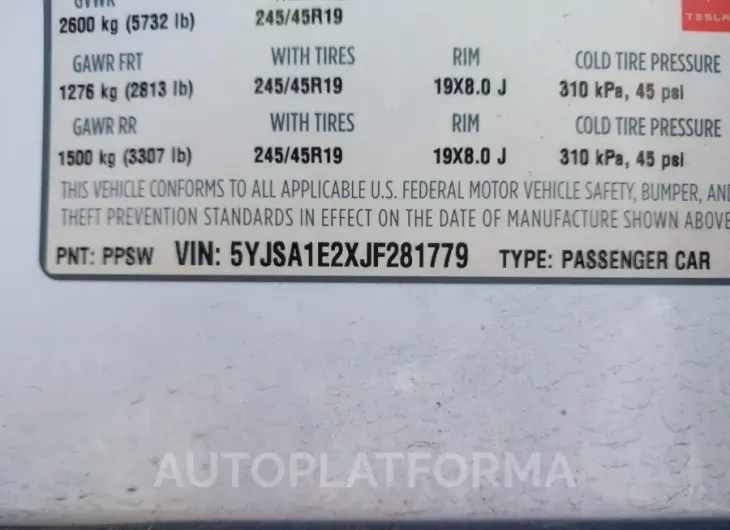 TESLA MODEL S 2018 vin 5YJSA1E2XJF281779 from auto auction Iaai