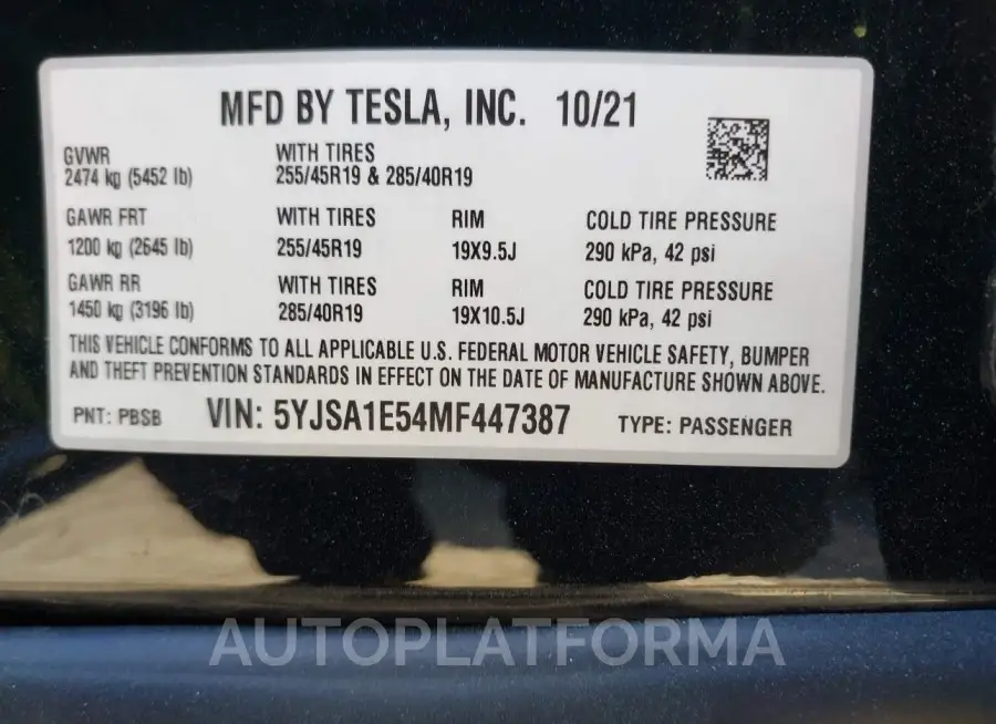 TESLA MODEL S 2021 vin 5YJSA1E54MF447387 from auto auction Iaai