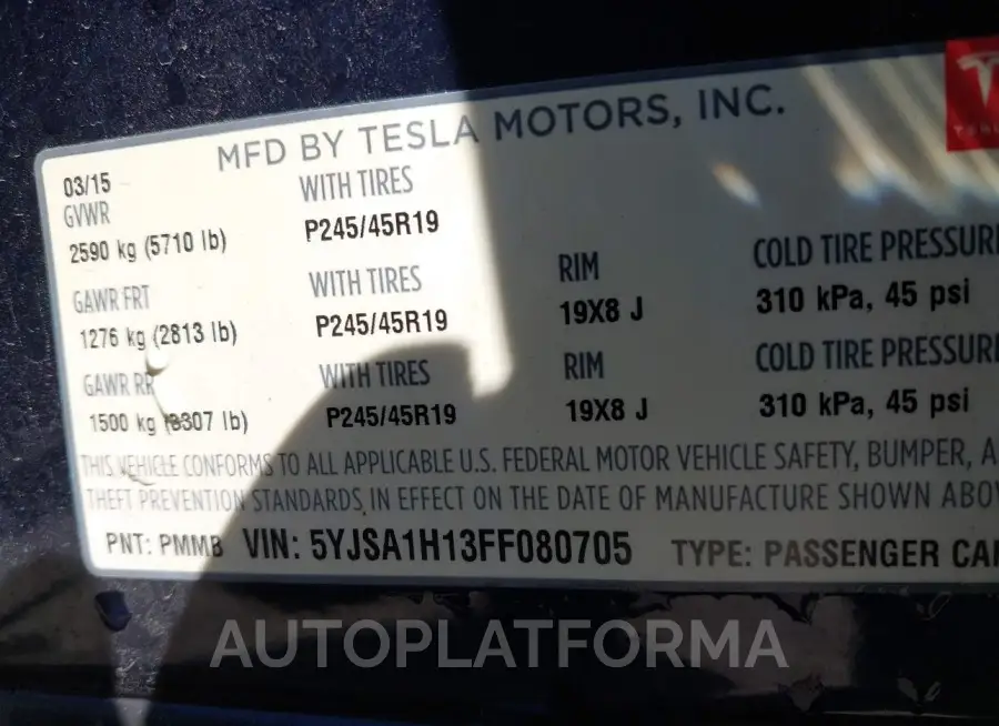 TESLA MODEL S 2015 vin 5YJSA1H13FF080705 from auto auction Iaai