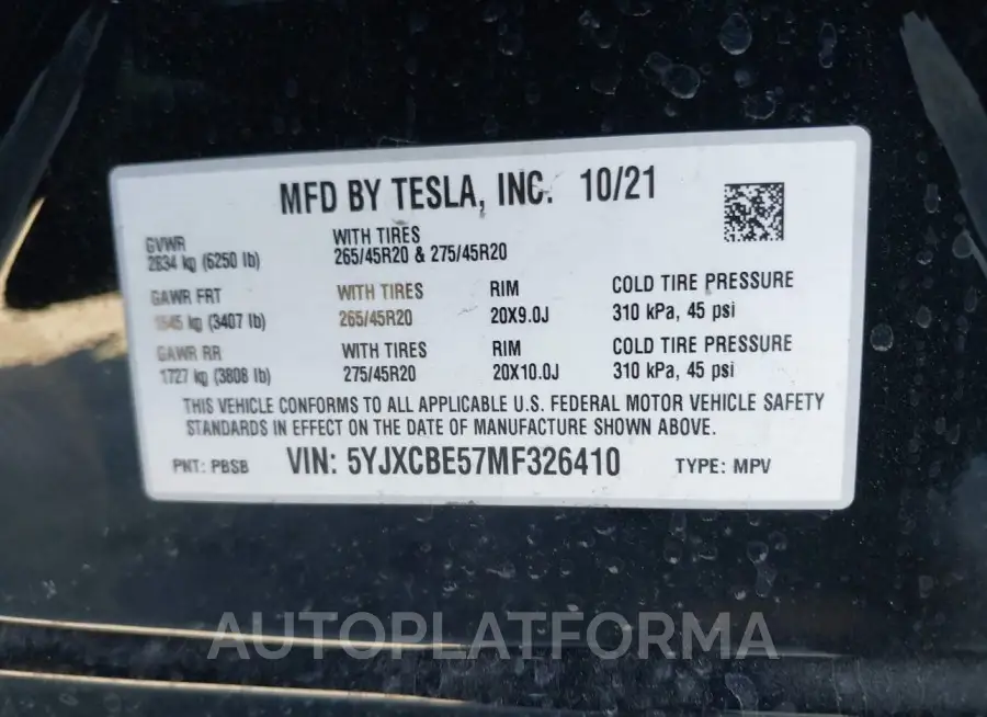 TESLA MODEL X 2021 vin 5YJXCBE57MF326410 from auto auction Iaai