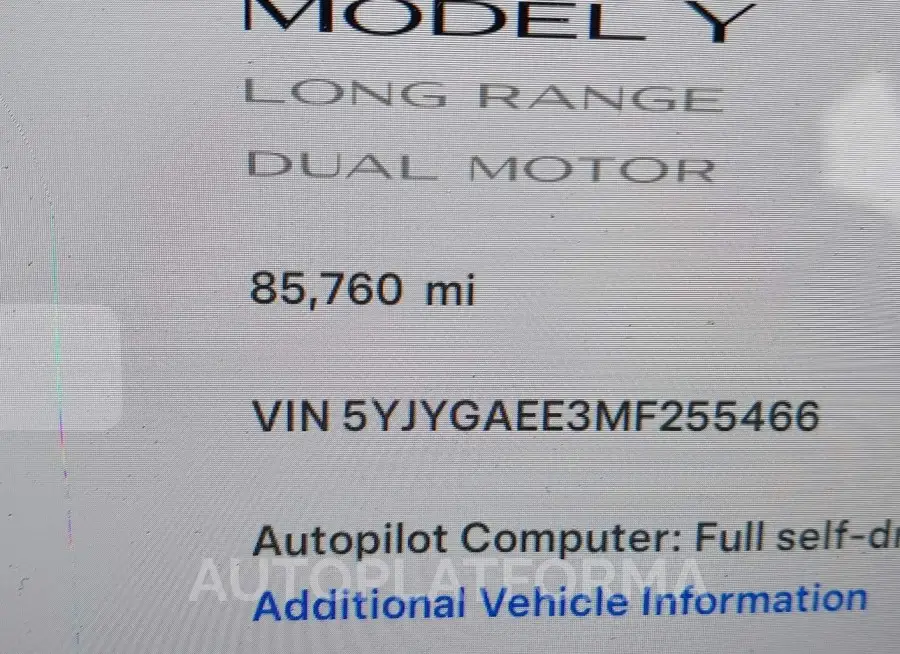 TESLA MODEL Y 2021 vin 5YJYGAEE3MF255466 from auto auction Iaai