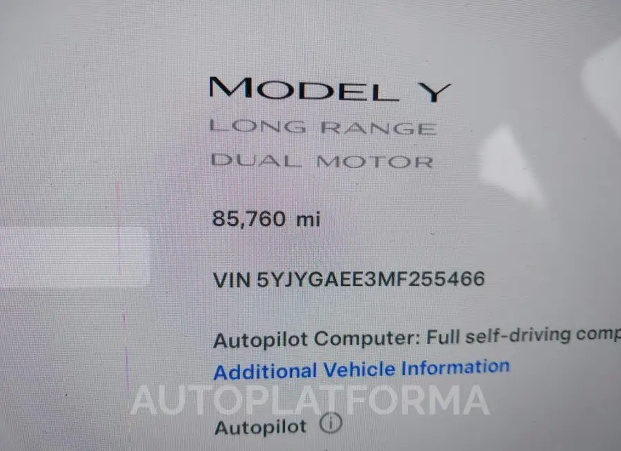 TESLA MODEL Y 2021 vin 5YJYGAEE3MF255466 from auto auction Iaai