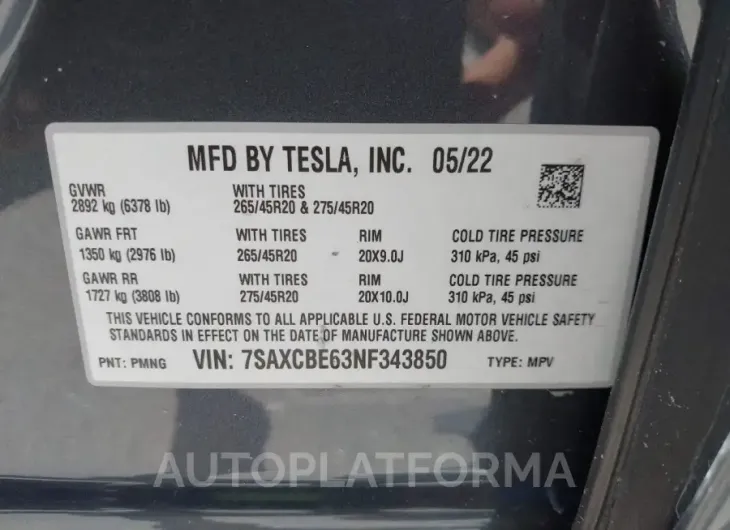 TESLA MODEL X 2022 vin 7SAXCBE63NF343850 from auto auction Iaai