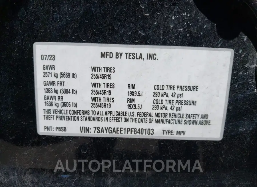 TESLA MODEL Y 2023 vin 7SAYGAEE1PF840103 from auto auction Iaai