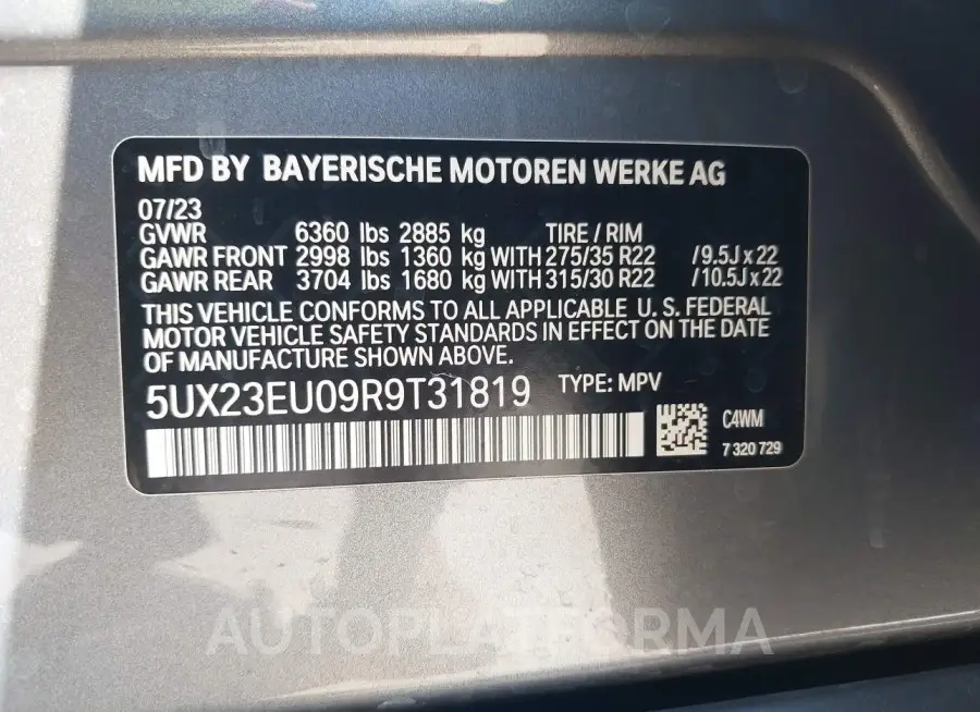 BMW X5 2024 vin 5UX23EU09R9T31819 from auto auction Iaai