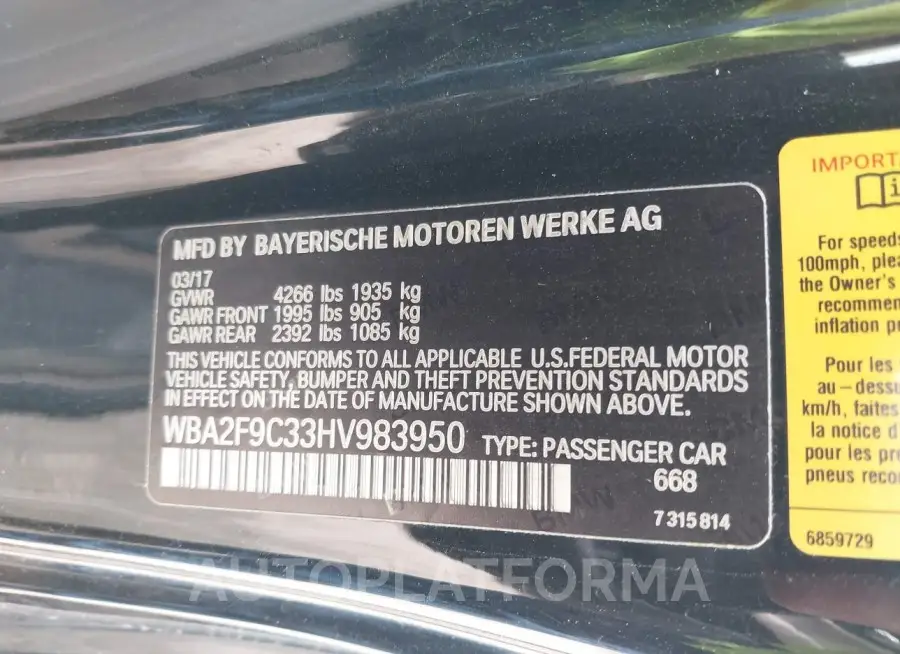 BMW 230I 2017 vin WBA2F9C33HV983950 from auto auction Iaai