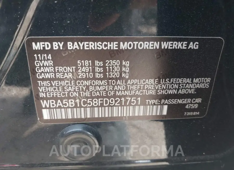 BMW 535I 2015 vin WBA5B1C58FD921751 from auto auction Iaai