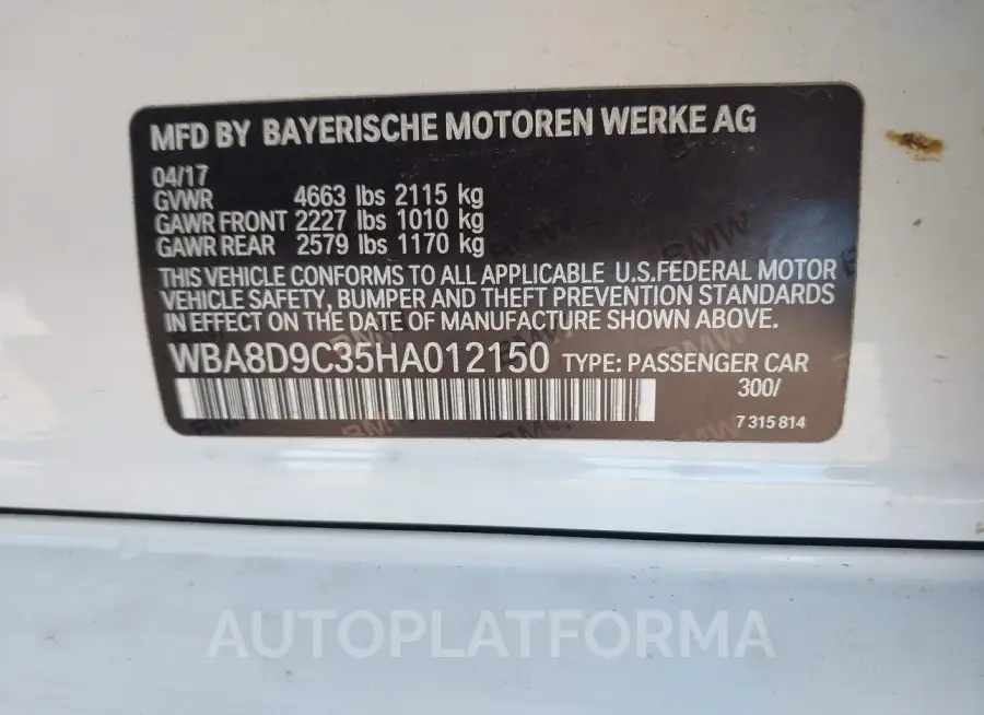 BMW 330I 2017 vin WBA8D9C35HA012150 from auto auction Iaai