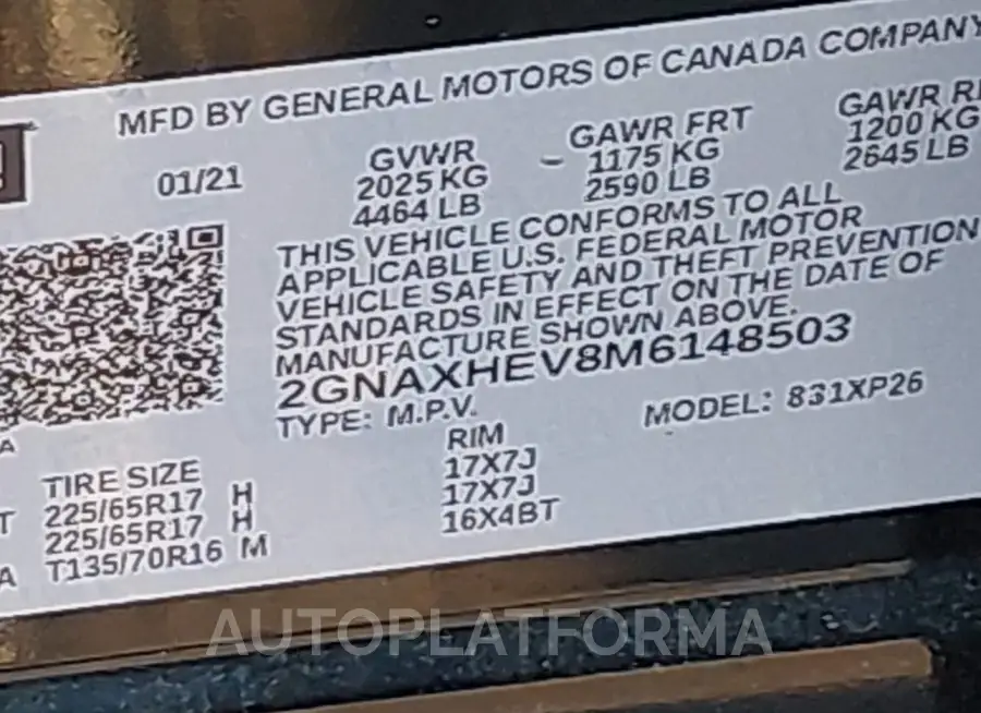 CHEVROLET EQUINOX 2021 vin 2GNAXHEV8M6148503 from auto auction Iaai