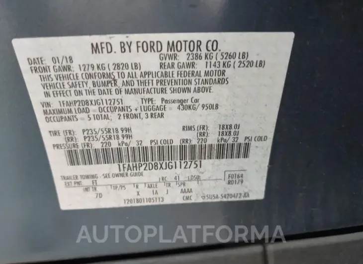 FORD TAURUS 2018 vin 1FAHP2D8XJG112751 from auto auction Iaai