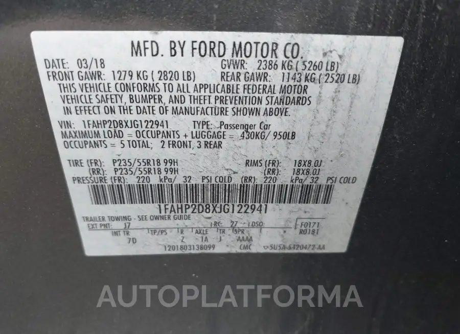 FORD TAURUS 2018 vin 1FAHP2D8XJG122941 from auto auction Iaai