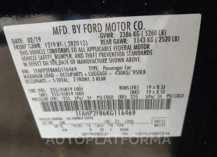 FORD TAURUS 2019 vin 1FAHP2F86KG116469 from auto auction Iaai