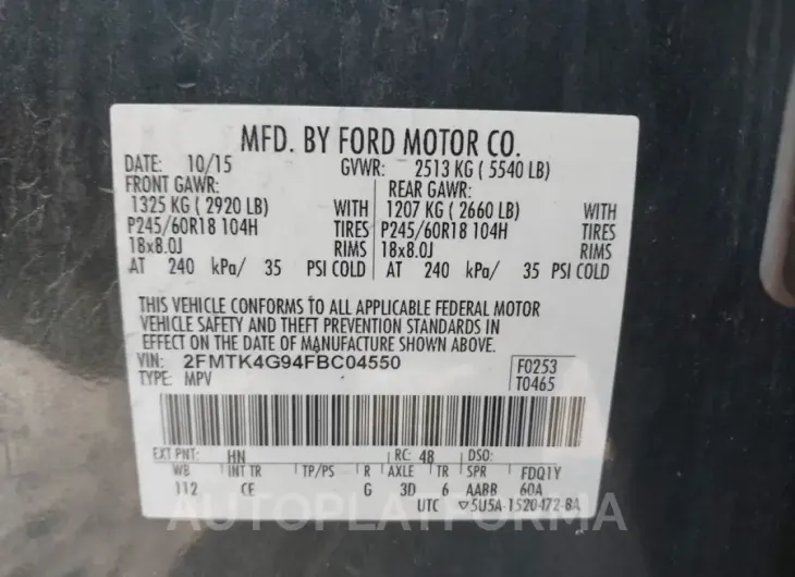 FORD EDGE 2015 vin 2FMTK4G94FBC04550 from auto auction Iaai