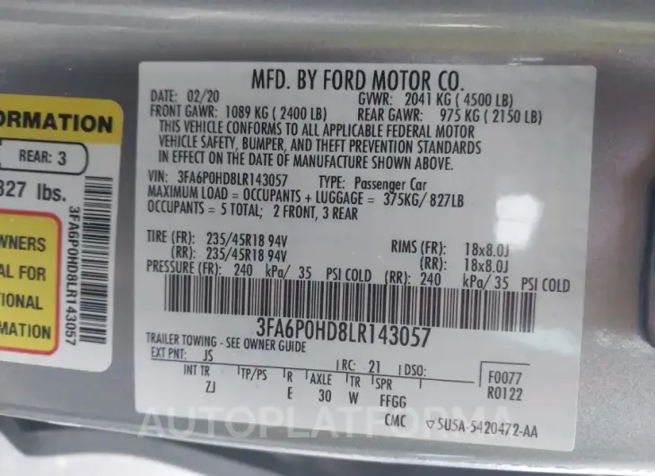 FORD FUSION 2020 vin 3FA6P0HD8LR143057 from auto auction Iaai