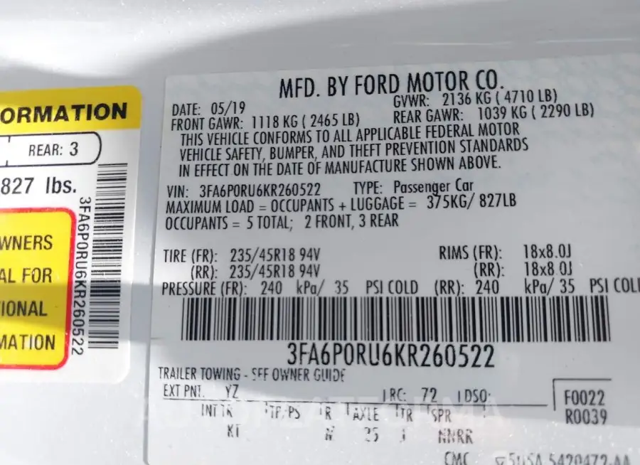 FORD FUSION HYBRID 2019 vin 3FA6P0RU6KR260522 from auto auction Iaai